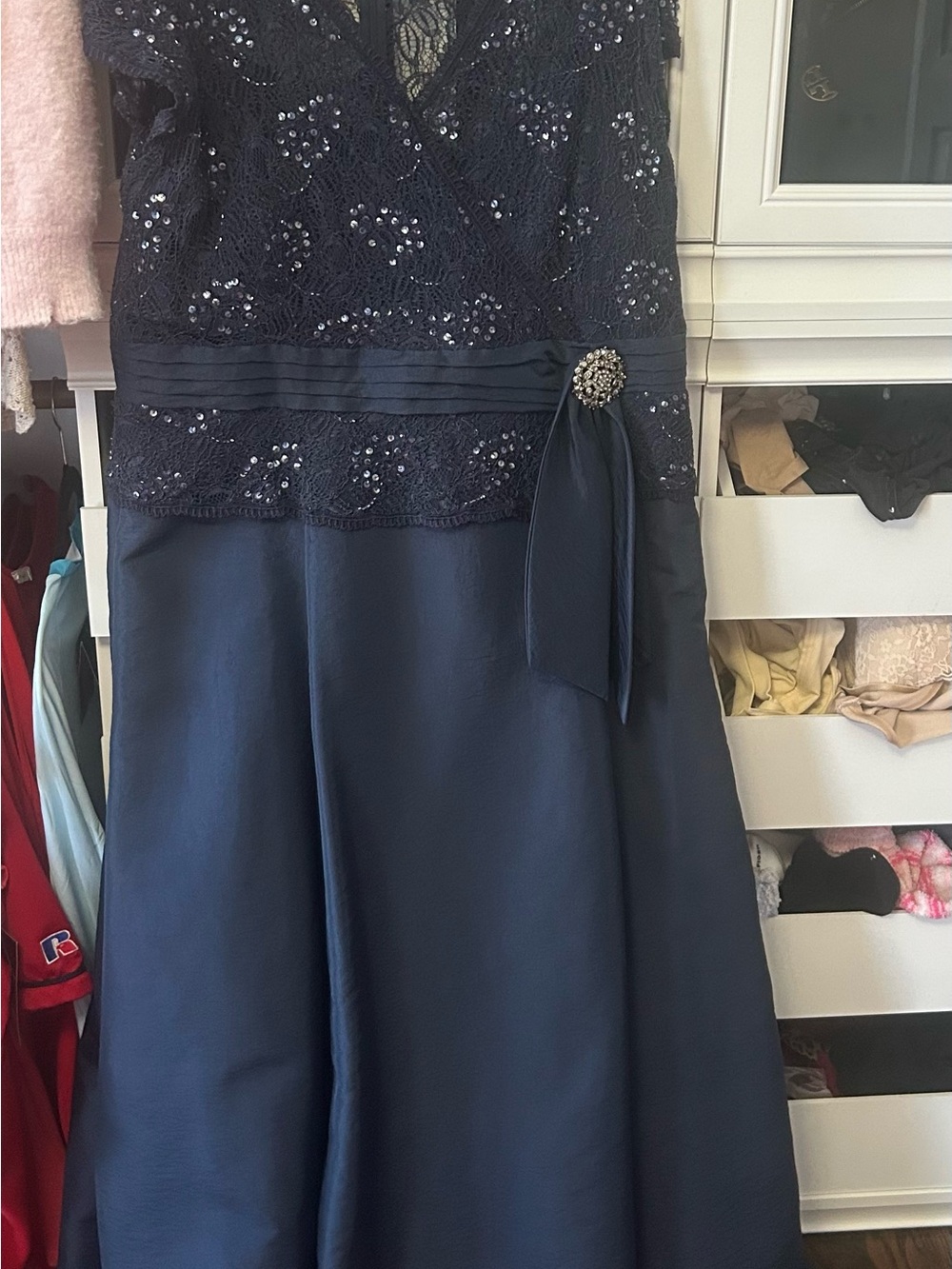 Navy Sequin Lace & Satin Formal Dress with Brooch Accent